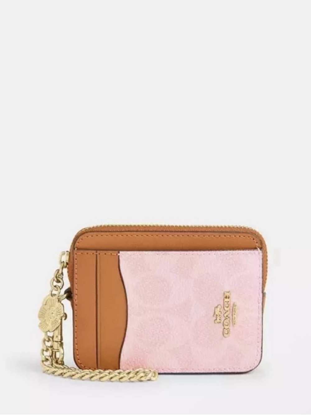 Coach Pink and Tan Leather Zip Card Case with Chain powder, pink
